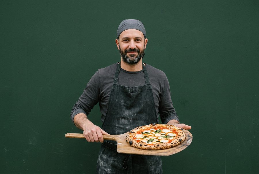 A pizzaiolo holding a pizza on a wooden peel